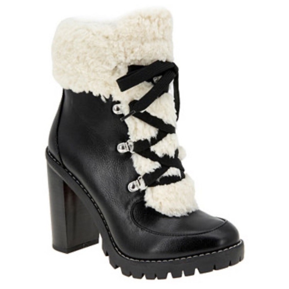 BCBGeneration Paloma‎ FAUX SHEARLING Black Zip Up BOOTIE Chunky Block Heel Sz 8